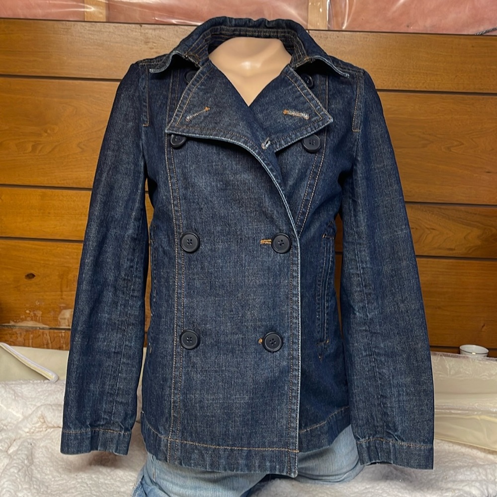 Gap Double Breasted Jean Jacket Size XS- Like New- Longer Length - Spring Stapl